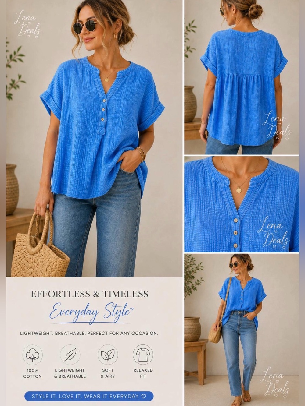 Zenana Washed Double Gauze 3/4 Button Henley Neck Womens Shirt Mix Size Cotton